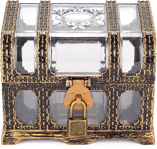 Miniatura 4 de Caja de tesoro pirata antigua transparente de plástico con cerradura y llave, caja de juguetes del tesoro premios para niños, decoración de fiesta