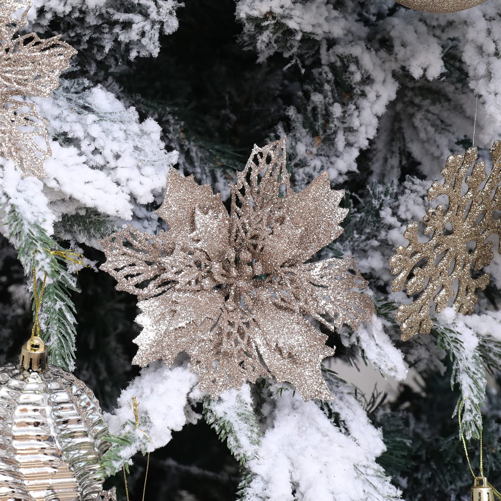 12 Stück glitzernde Weihnachtsstern-Blumen, künstliche Weihnachtssterne, Weihnachtsbaum-Blumen, Ornamente für Weihnachten, Urlaub, Saison, Hochzeit, Dekoration