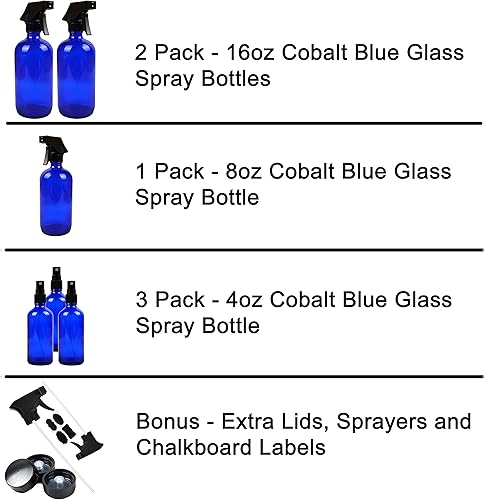 Miniatura 3 de Youngever Paquete de 6 botellas vacías de vidrio azul cobalto rellenables, botellas de spray de 16 onzas, 8 onzas, 4 onzas, para aceites esenciales,