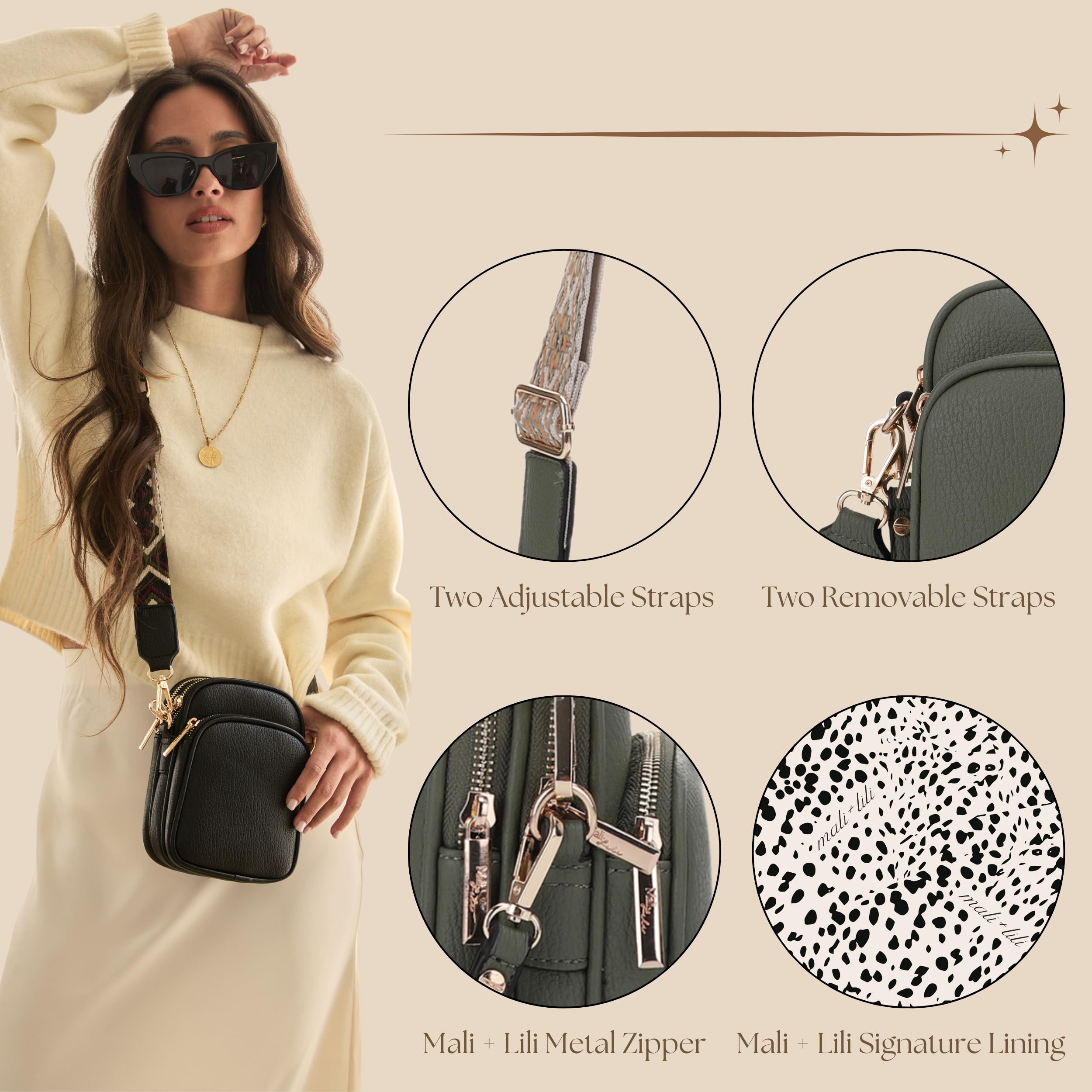 Mali+Lili Small Crossbody Bag for Women, Triple Compartment Shoulder Bag with Double Strap: Olive Green/Tri