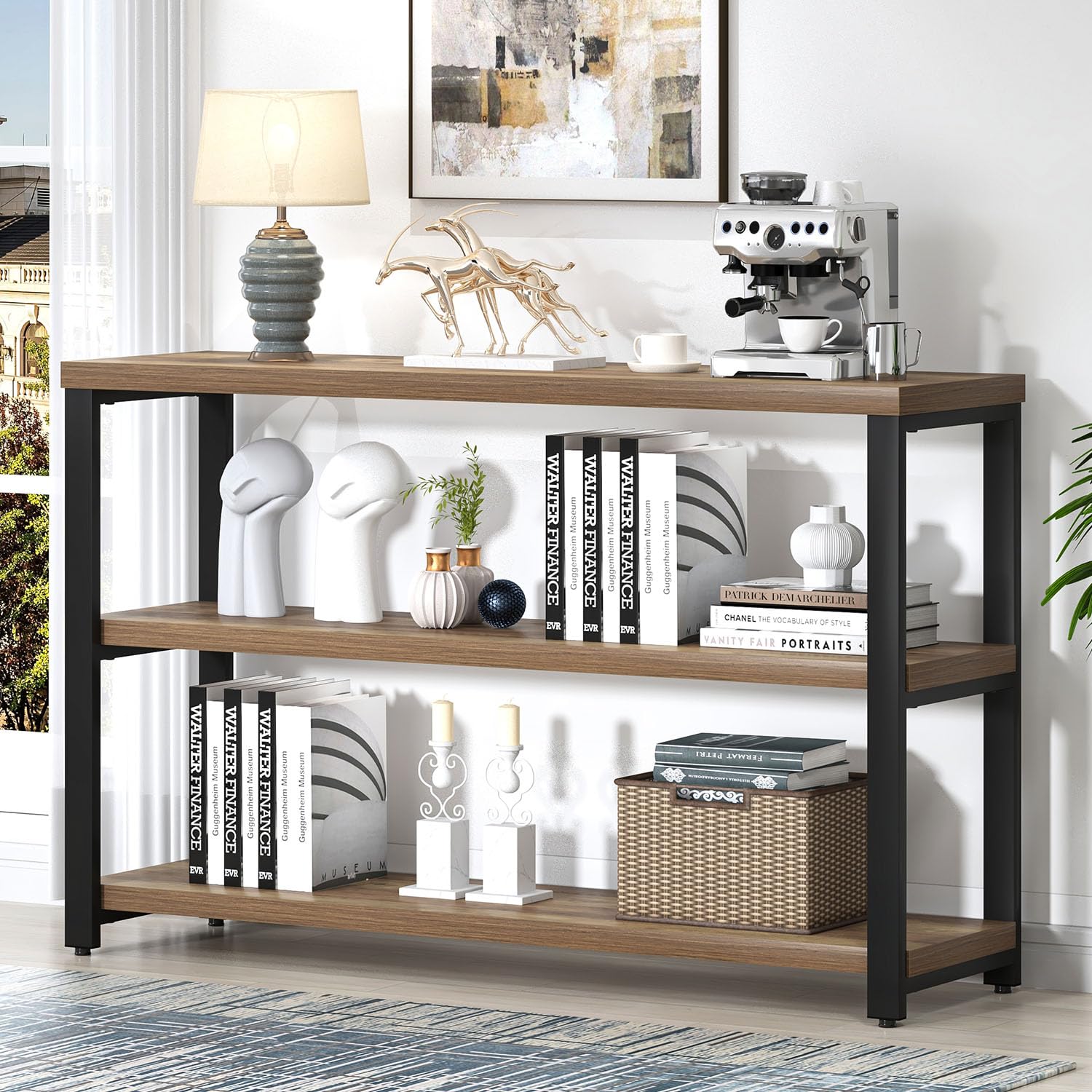 EXCEFUR 47 Inch Rustic Oak Wood Entryway Table, Modern Sofa Table Behind Couch for Living Room, Console Table with 3 Tier Shelves, Foyer Hallway Table