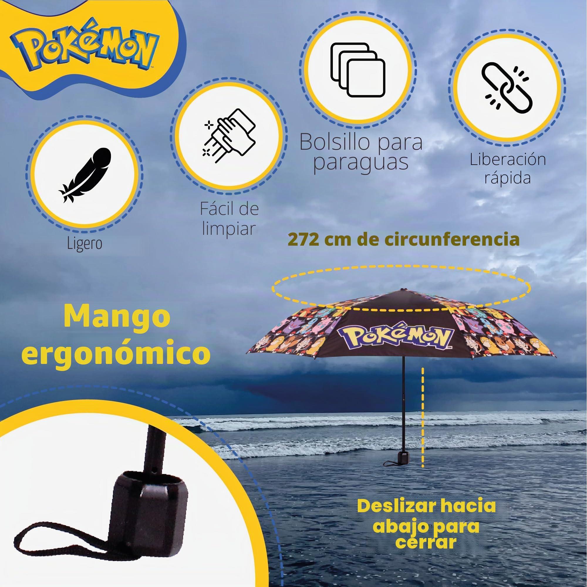 Pokemon Paraguas automático para adultos, niños y adolescentes, paraguas telescópico plegable, ligero, de viaje, escuela, trabajo - Pokémon Gifts