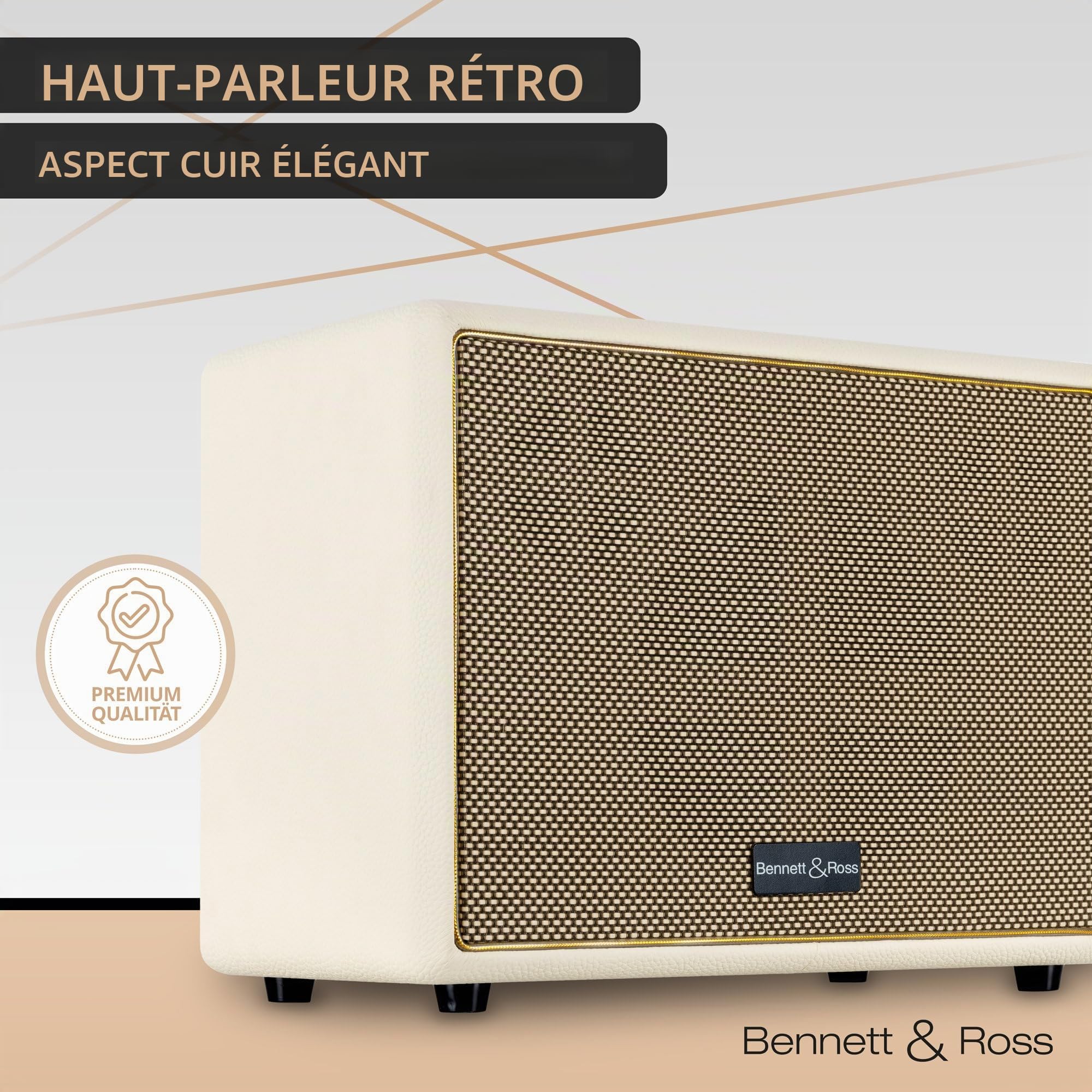 Bennett & Ross BB-880CW Blackmore Giant Haut-Parleur Bluetooth rétro en Cuir - Haut-Parleur Vintage avec 2X 40W - Speaker Entrée USB & Lecteur MP3 - Fonction stéréo True Wireless - aux - Blanc crème