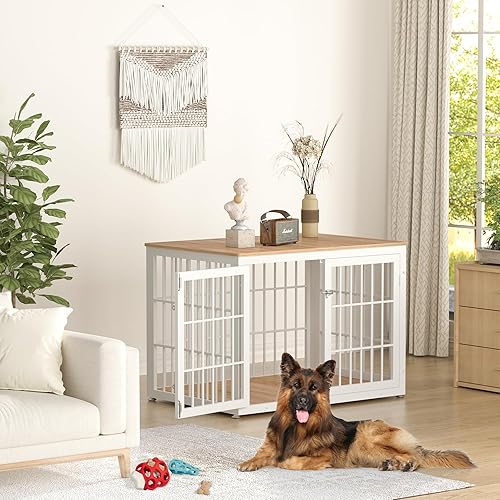 Miniatura 85 de Mueble de jaula de perro resistente de 42 pulgadas para perros grandes y medianos, mesa auxiliar decorativa para casa de mascotas, muebles de madera
