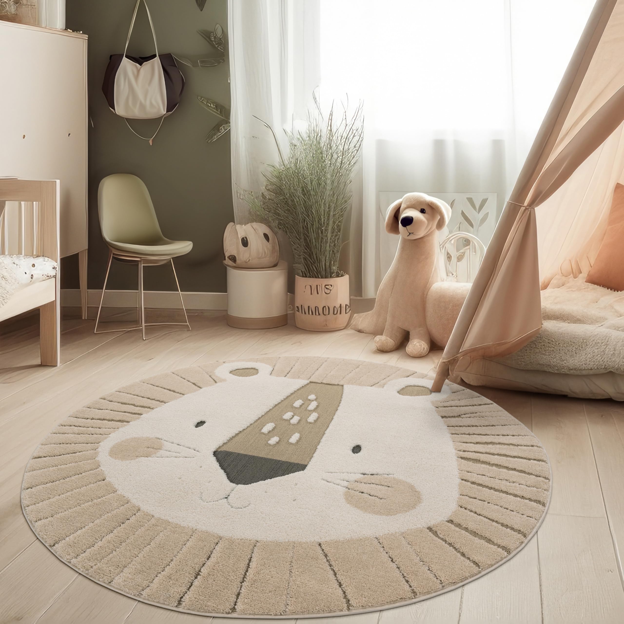 Paco Home Kinderzimmer Moderner Kinderteppich Robuster Spielteppich 3D-Effekt Naturtöne Weiche Schlingenstruktur Pflegeleichtes Löwen-Motiv, Grösse:160 cm Rund, Farbe:Creme (Löwe)