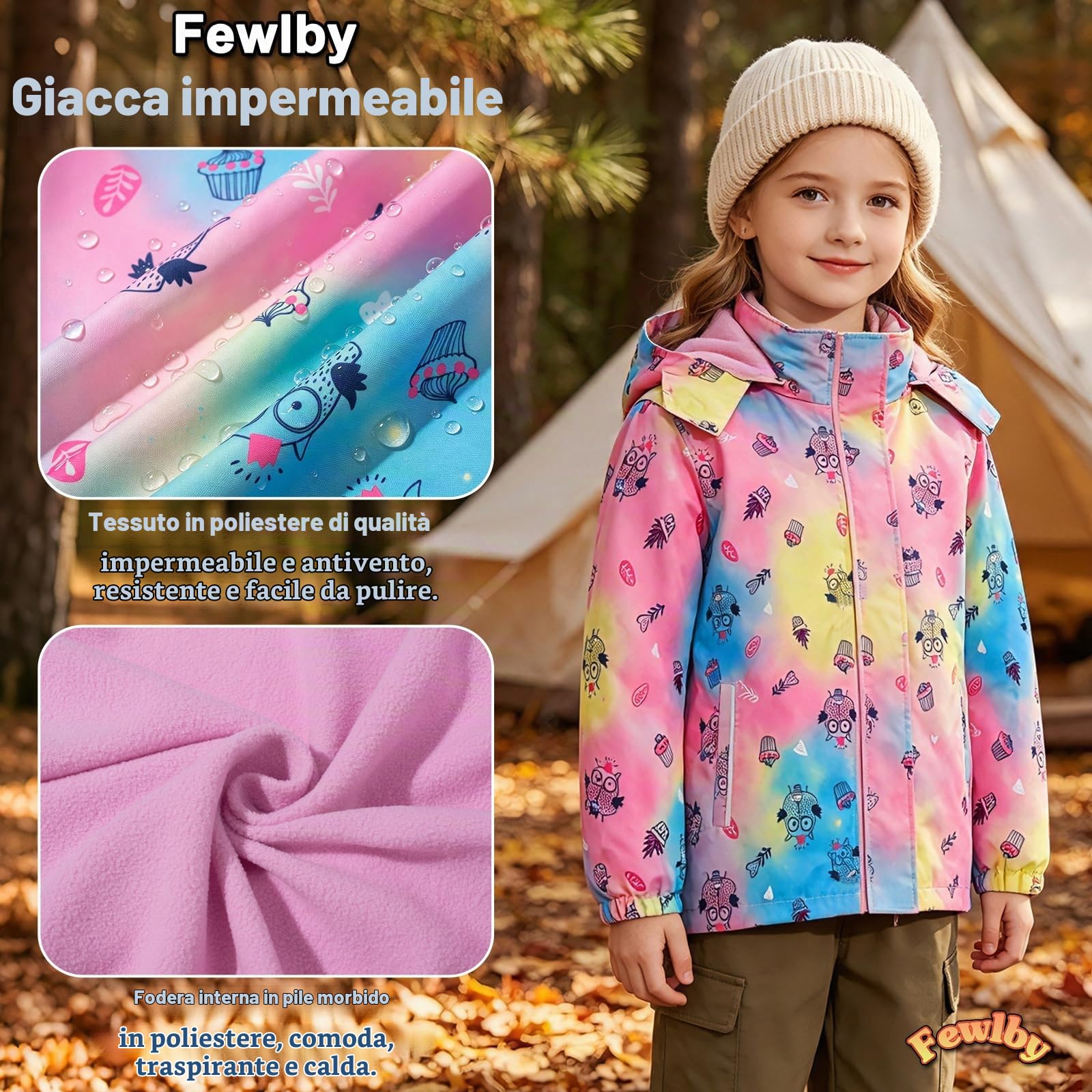 Fewlby Giacca Impermeabile con Cappuccio - Ragazze Impermeabile con Cappuccio Giacca a Vento Bambini Cappotto Foderato in Pile Bambini Capispalla 11-12 Anni