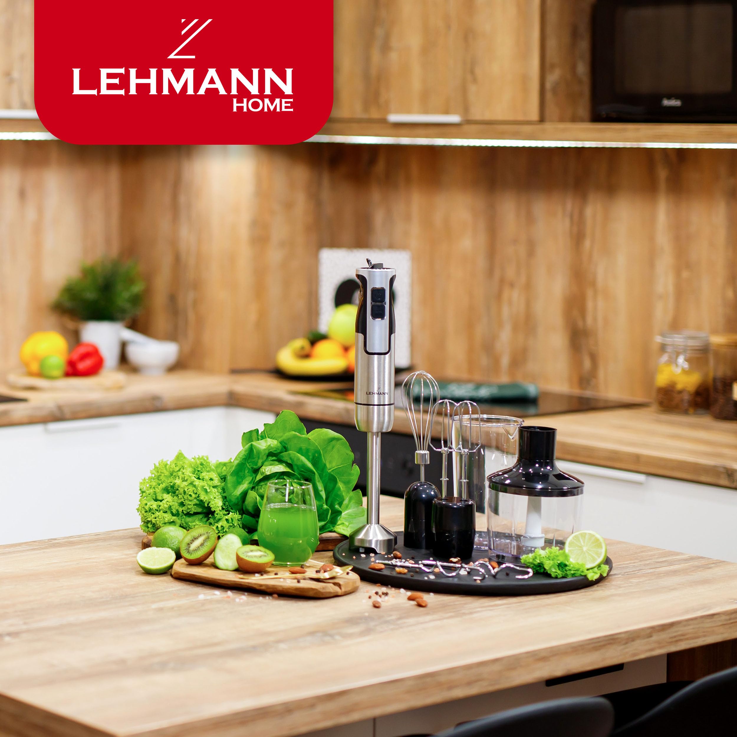 LEHMANN Stabmixer Set 1200 Watt - Multifunktions Pürierstab 5-in-1-6 Zubehör - 860 ml Messbecher - 8-stufige Geschwindigkeitsregelung - Turbo-Funktion - 15.000 U/Min - BPA-frei - Goldene Klinge
