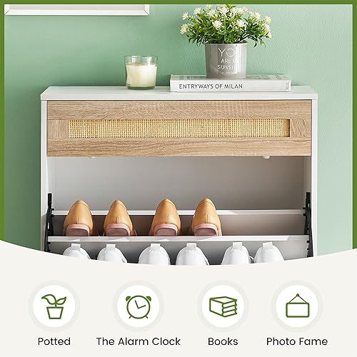 Miniatura 6 de IDEALHOUSE Gabinete de 2 puertas abatibles de ratán natural con 1 cajón, organizador de zapatos independiente, zapatero para entrada con estantes
