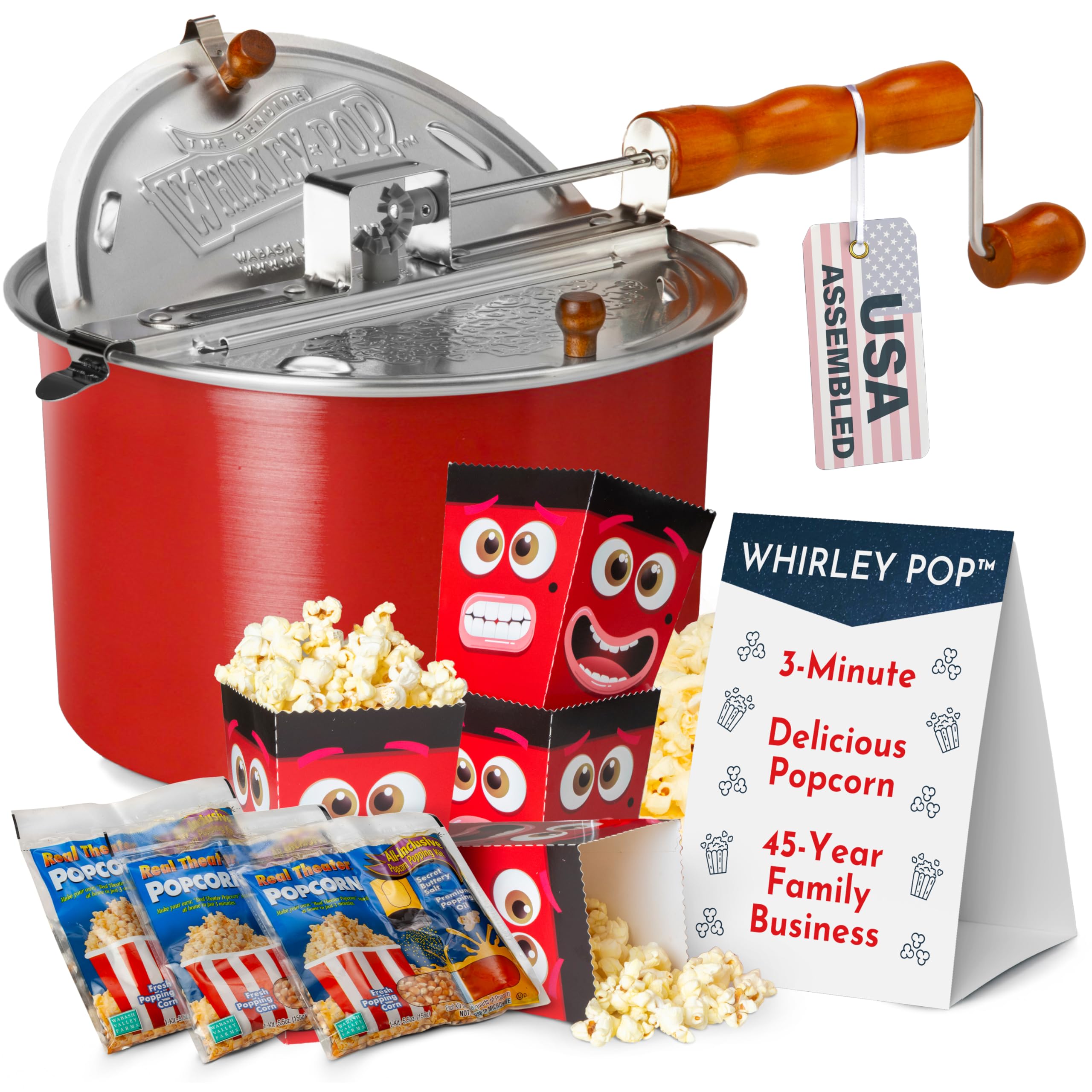 Original Whirley Pop Starter Pack - Wabash Valley Farms Popcorn Kit, Whirley Pop Popcorn Maker With 3 Movie Theater Popcorn Kits and 4 Movie Night Face Tubs, Gourmet Popcorn Gift Sets (Metal Gear-Red)