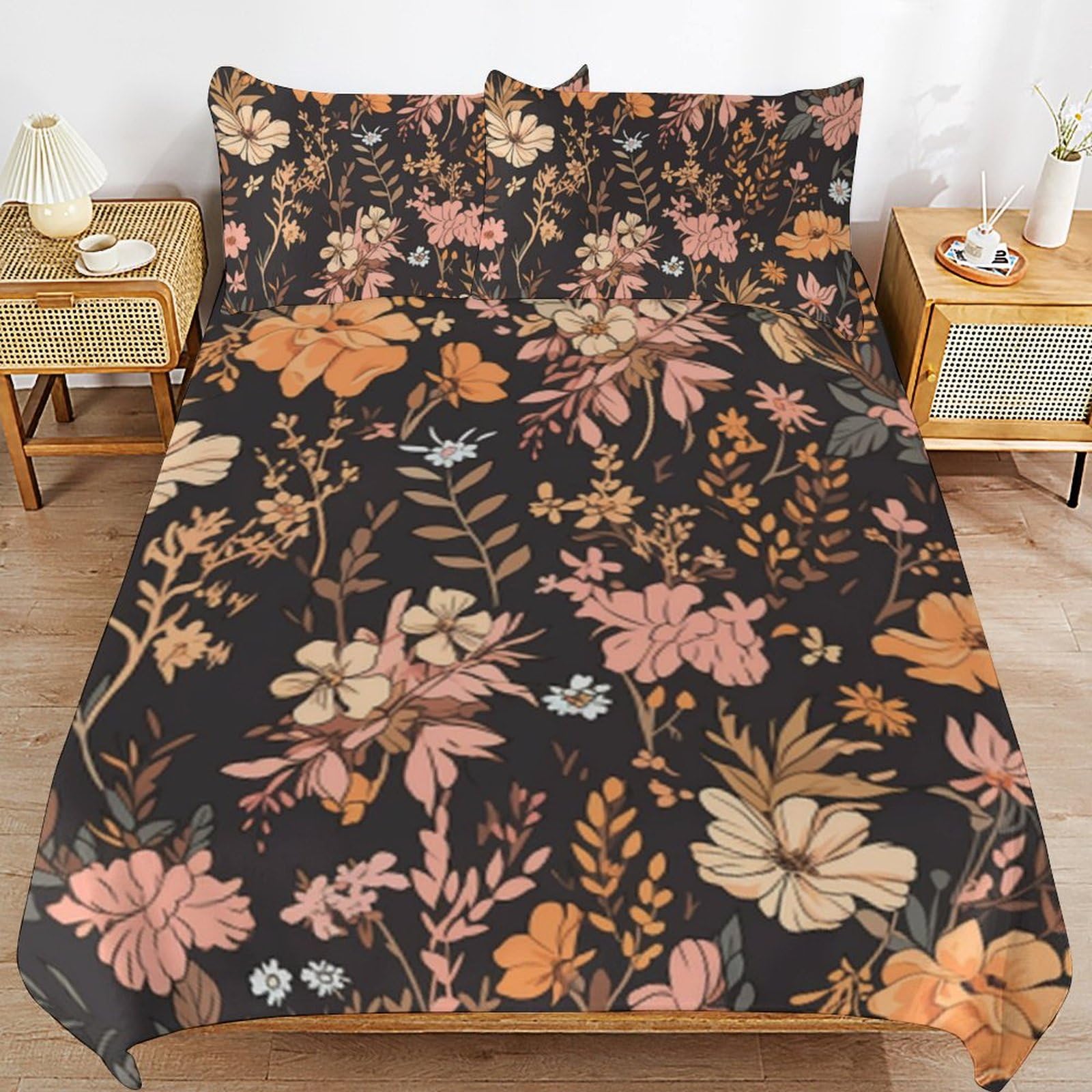 Parure de lit florale microfibre anti-glisse avec fermeture éclair zippée