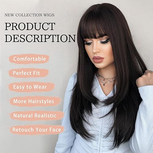 Miniatura 3 de Pelucas largas y lacias negras para mujer, 24 pulgadas, sin pegamento, peluca sintética realista con flequillo, resistente al calor, peluca natural