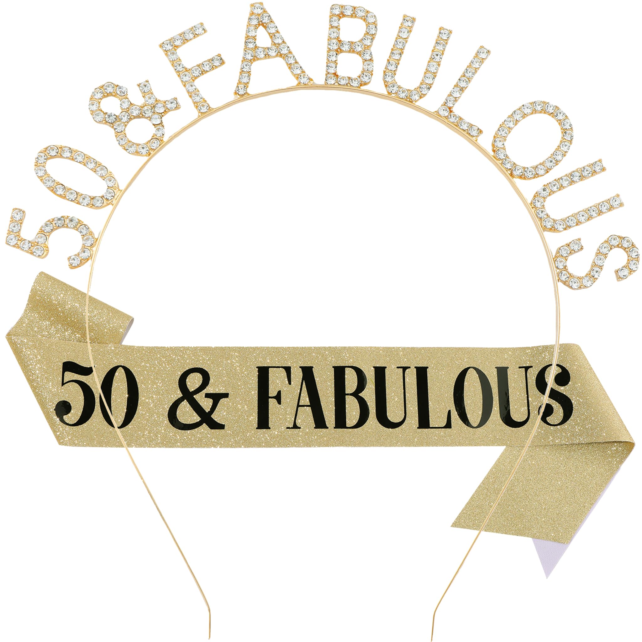 MIOSJI 50th Birthday Sash and Crown Crystal Tiara Headband for Women 50th Birthday Gift Party Decorations Accessories Gold