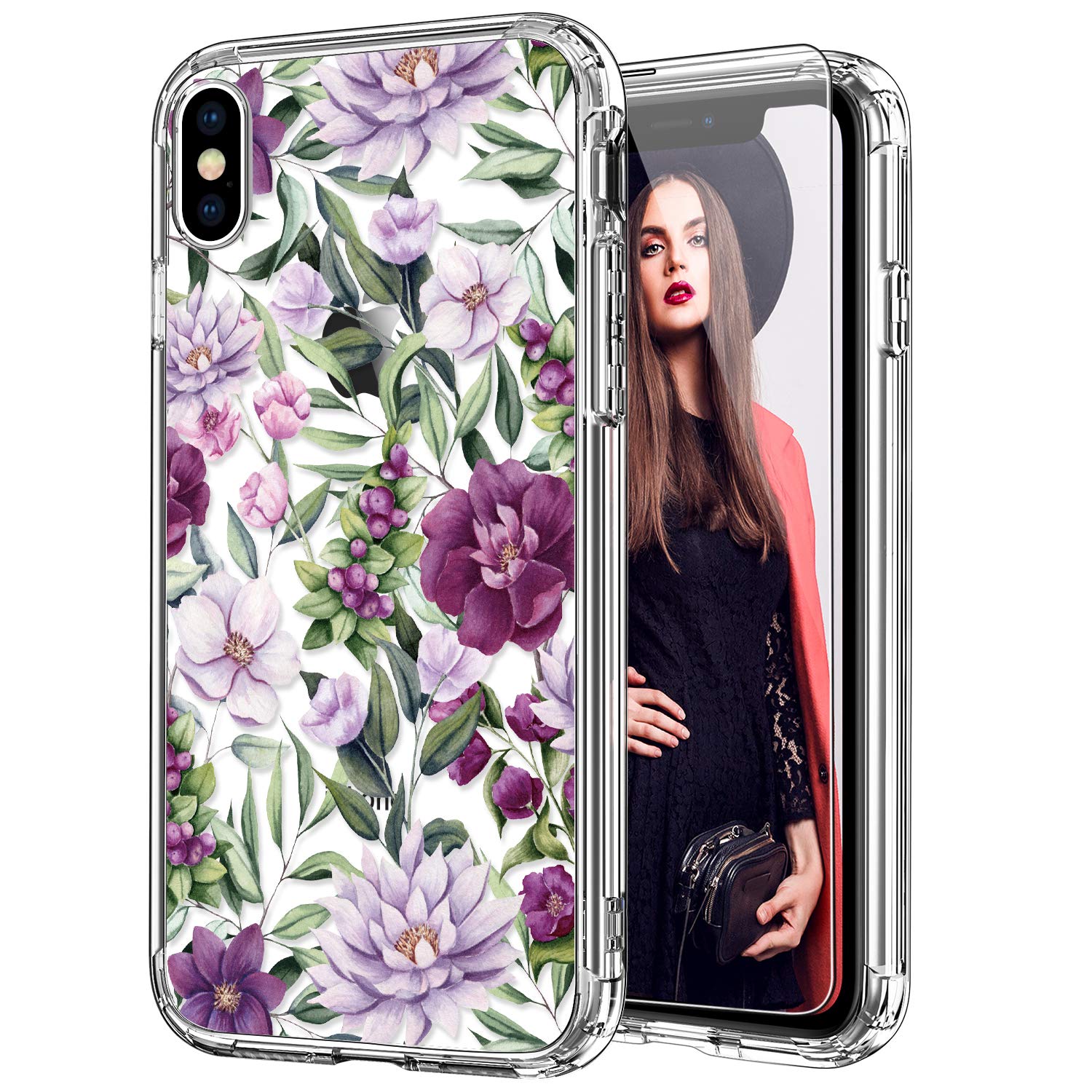 ICEDIOiPhone X Case with Screen Protector,iPhone Xs Case Clear with Fashion Floral Designs for Girls Women,Slim Fit TPU Cover Protective Phone Case for iPhone X/iPhone Xs Beautiful Blossoms