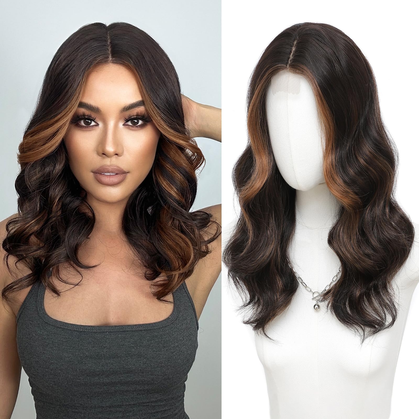 MORICA Dark Brown Highlight Wigs for Women, 18 Inch Wavy Middle Part Wig