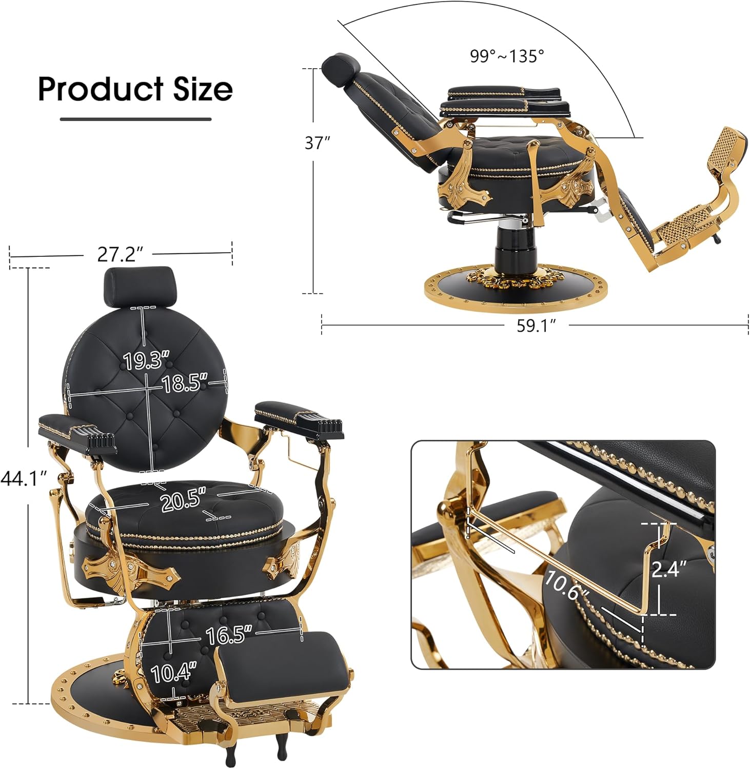 BarberPub Vintage Reclining Barber Chair, 660 Lbs Heavy Duty Hydraulic Pump, All Purpose Retro Hair Styling Equipment for Shampoo Salon Spa and Barbershop 8688 (Gold)