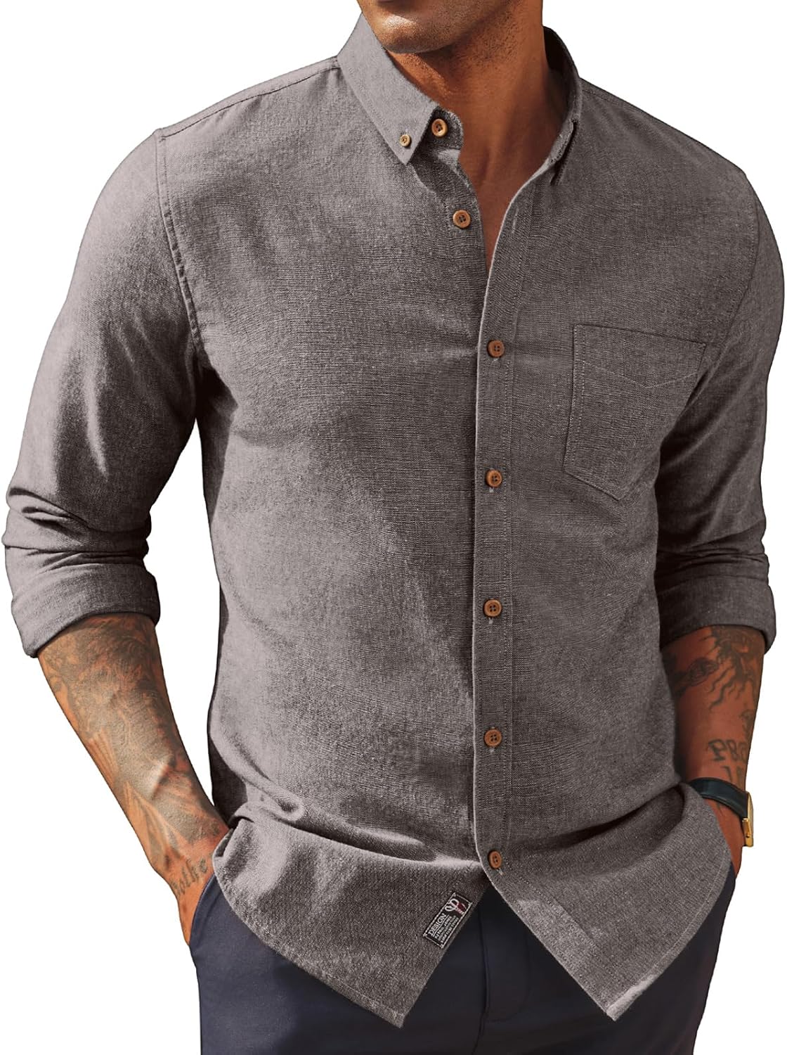 PJ PAUL JONES Mens Classic Fit Linen-Cotton Shirt Button Down Long Sleeve Casual Business Shirts
