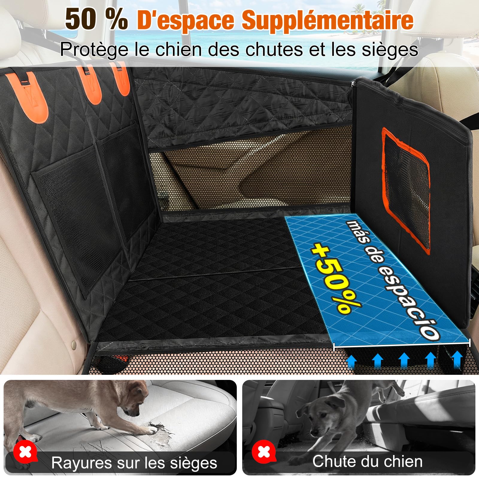 X XBEN Siège Auto Chien Extra Stable, Élargi 50% Espace Panier Chien Voiture avec 3 Faces Fenêtres en Filet, Transport Chien Voiture Siège Arrière, Jusqu’à 68 KG pour Chien de Grande et Moyenne Taille