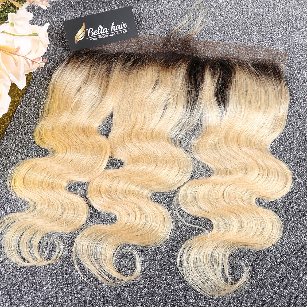 Bella Hair Ombre 1B/613 Body Wave Lace Frontal with Baby Hair, Pre-Plucked Dark Roots Remy Human Hair Frontal 13x4 Ear to Ear 12inch
