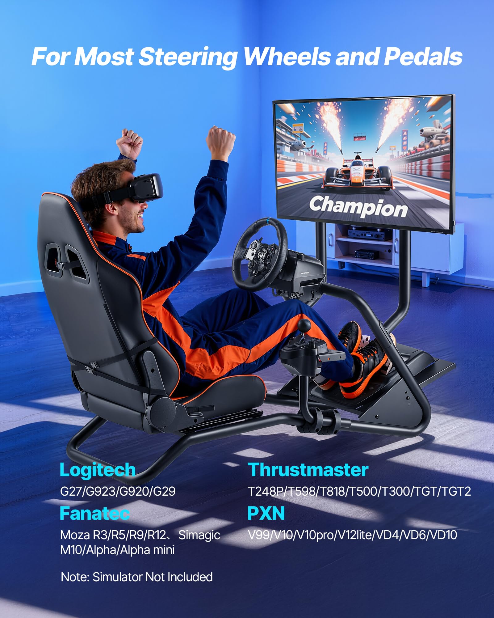VEVOR Support de Volant de Course Cockpit de Simulateur de Conduite, Support d'Écran, Compatible Pédales Logitech G25, G27, G29, G920, G923, Thrustmaster T300RS, TX F458, T500RS, T3PA-PRO (F1/GT), CSR