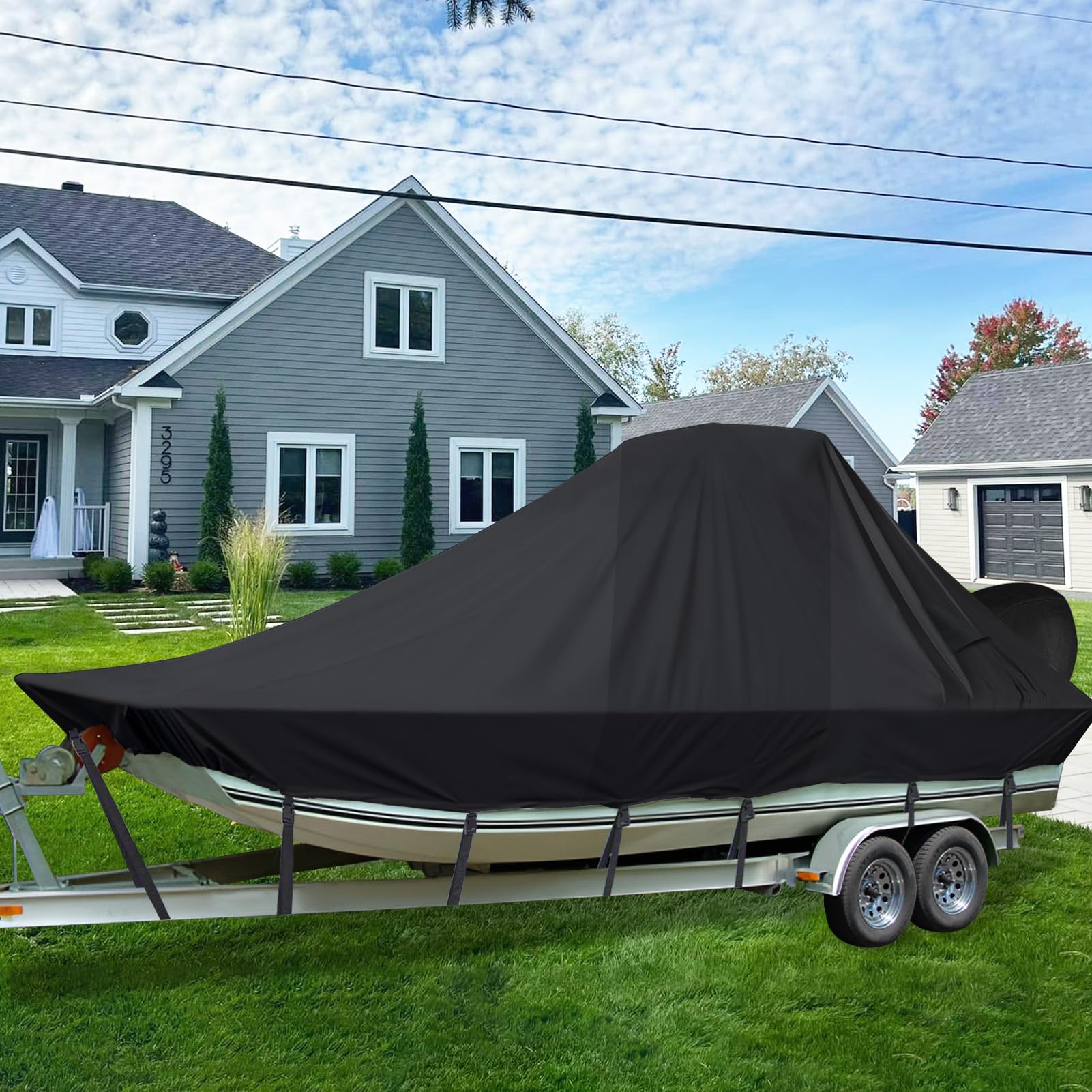 Photo 1 of Mionovity Wake Tower Boat Cover, 900D+600D Heavy Duty Waterproof Boat Cover with Tower, Fits V Hull Boat with Ski/Wakeboard Tower 23-25ft, Black