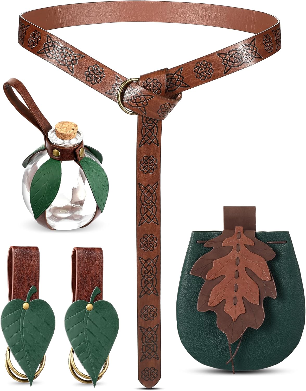 Twistover 6 Pcs Women Renaissance Accessories Leaf Belt Bag Medieval Viking Belt Potion Bottles Leather Skirt Hikes