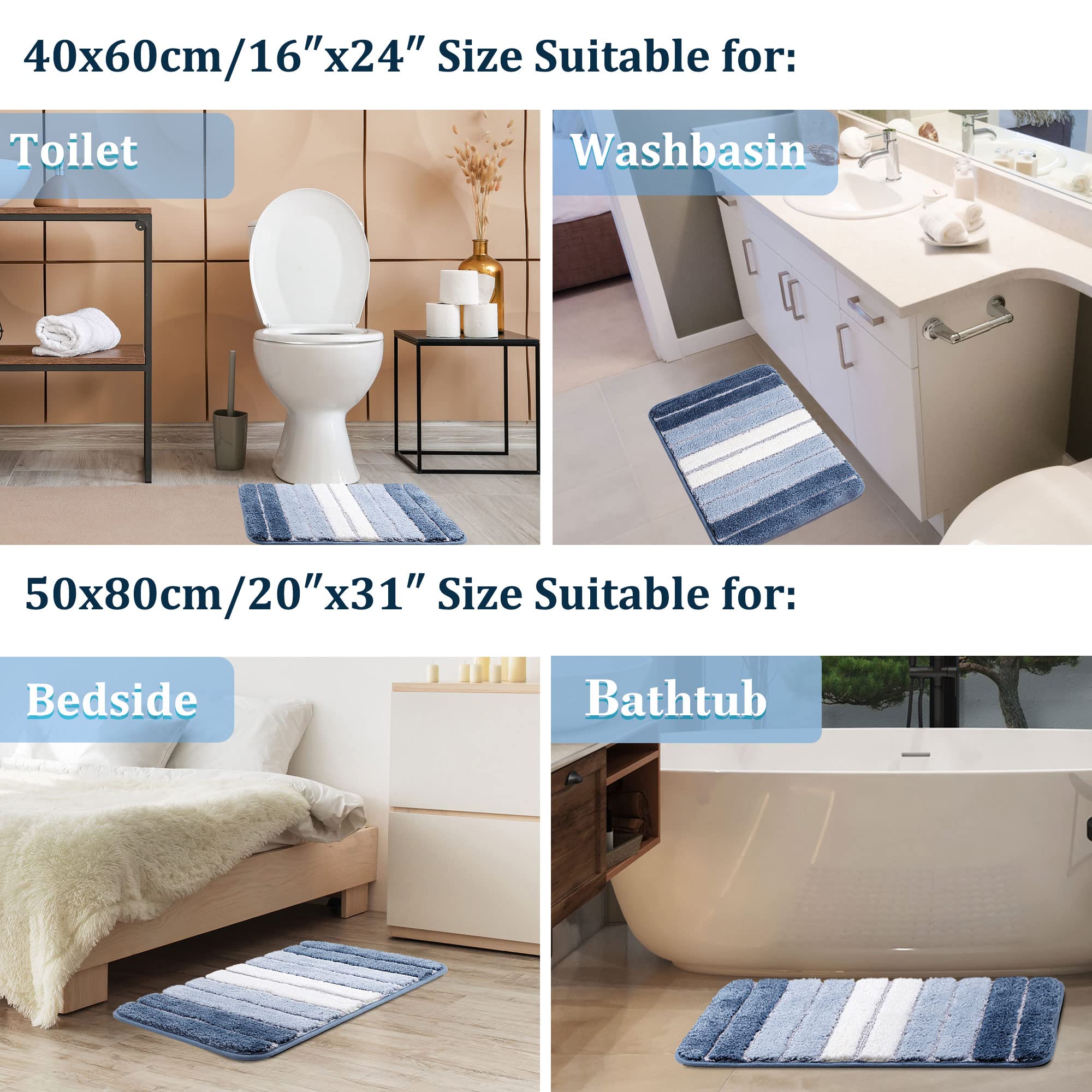 PiccoCasa Tappetino da bagno blu antiscivolo, 50x80 cm, per bagno pavimento e vasca, extra morbido, morbido e assorbente acqua, tappeto da bagno a righe in microfibra, lavabile in lavatrice/asciugare
