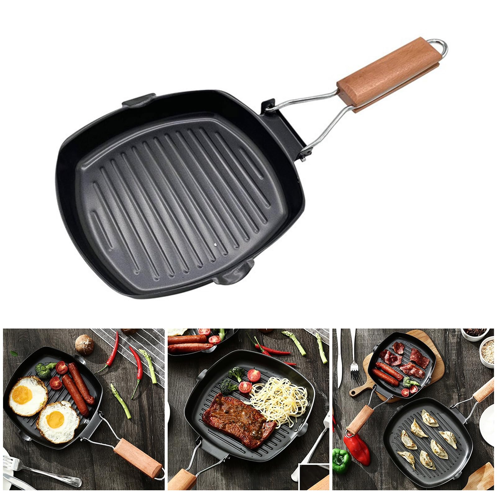 ZHIZHOUNEY Sturdy Nonstick Grills Pan 9.5Inch Large Skillets For Indoor Cooking For Steaks And Bacons With Foldable Design