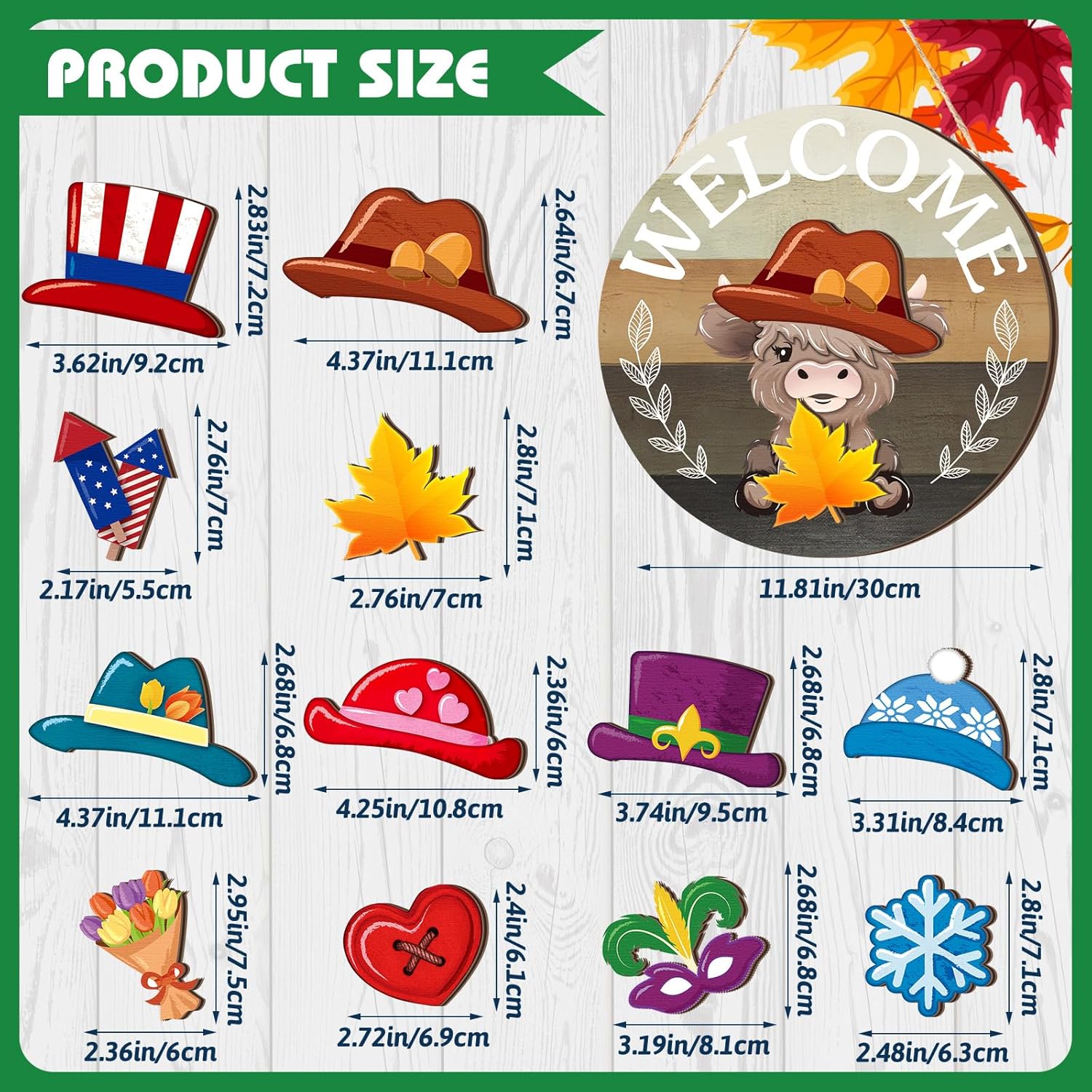 35 Pcs Holiday Interchangeable Highland Cow Welcome Sign Highland Cow Seasonal Wooden Hanging Door Decor Valentines Farmhouse Hanging Sign for Front Door Winter Party Decoration Gift(Light Brown) - Image 3