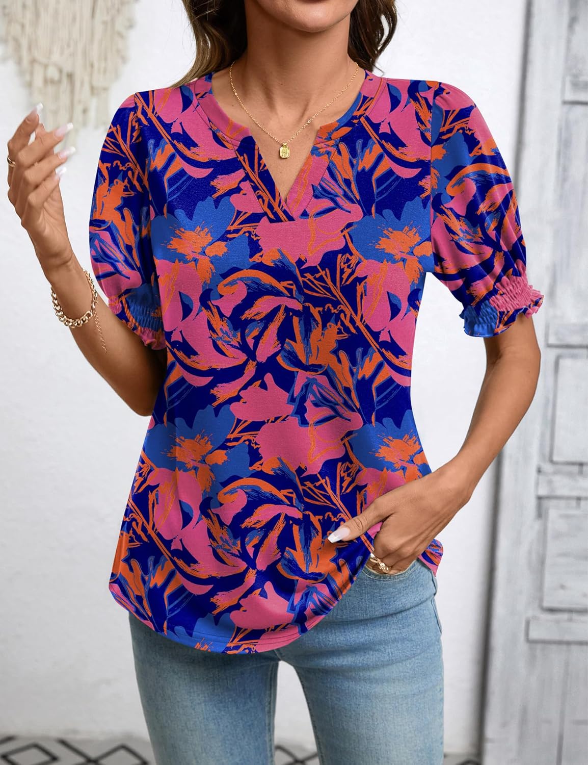 Rapbin Women's Puff Short Sleeve T Shirts V Neck Summer Tops Casual Fashion Blouses - Image 2