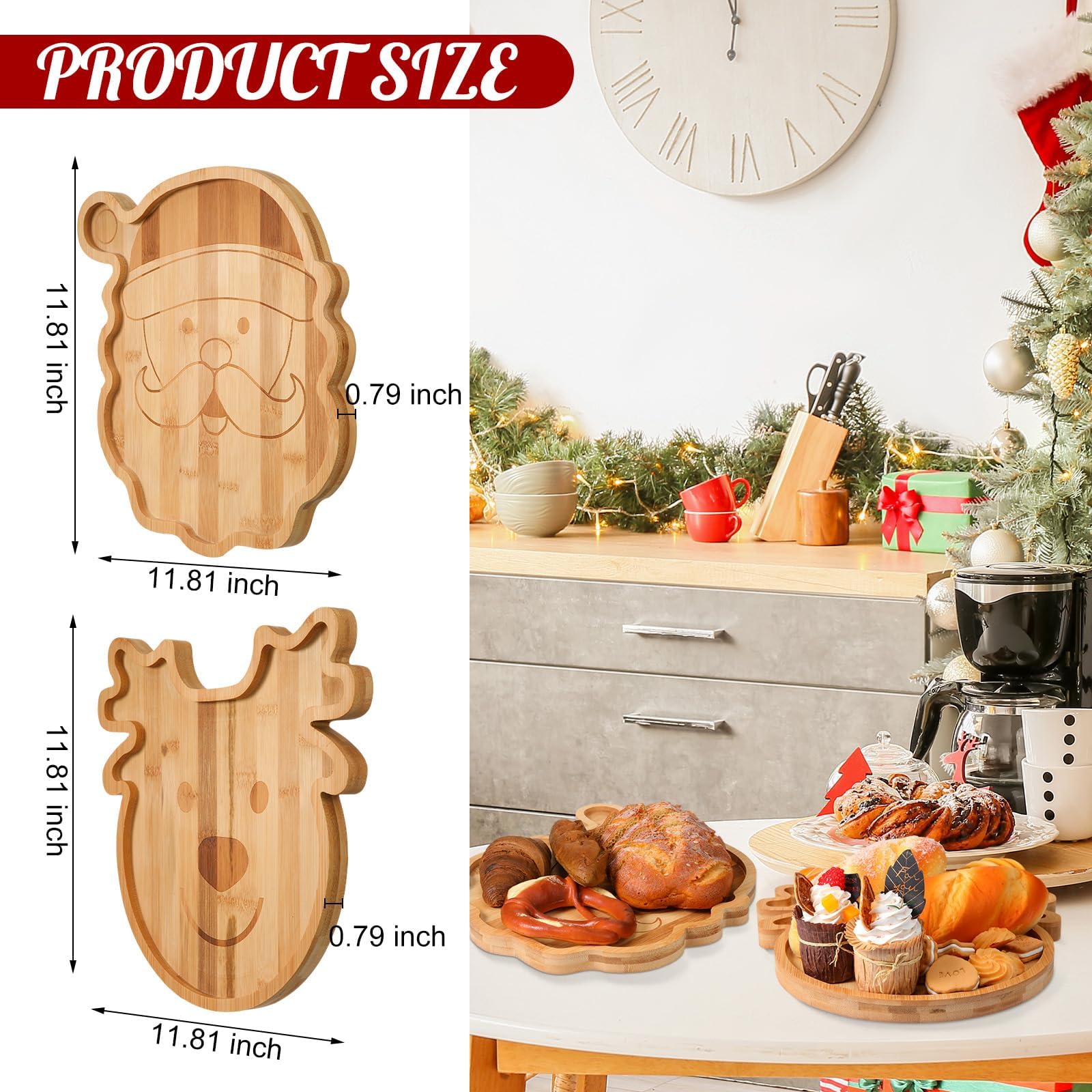 Linwnil Lot de 2 planches à charcuterie en bambou de 30 x 30 cm avec assiettes en carton de 17,8 cm et 22,9 cm – Motif Père Noël et élan, plateaux de service en bois naturel