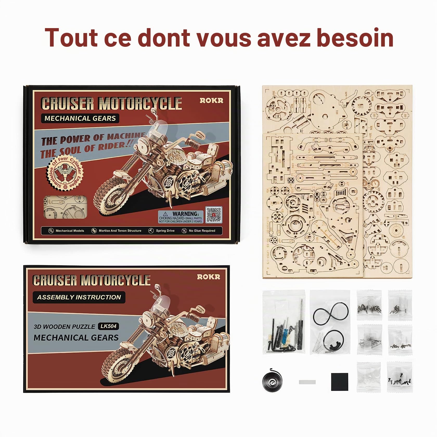 ROKR Maquette Bois Puzzle Bois 3D Engrenages Mécaniques Moto Cruiser Adulte Construction Adulte, Cruiser Motorcycle