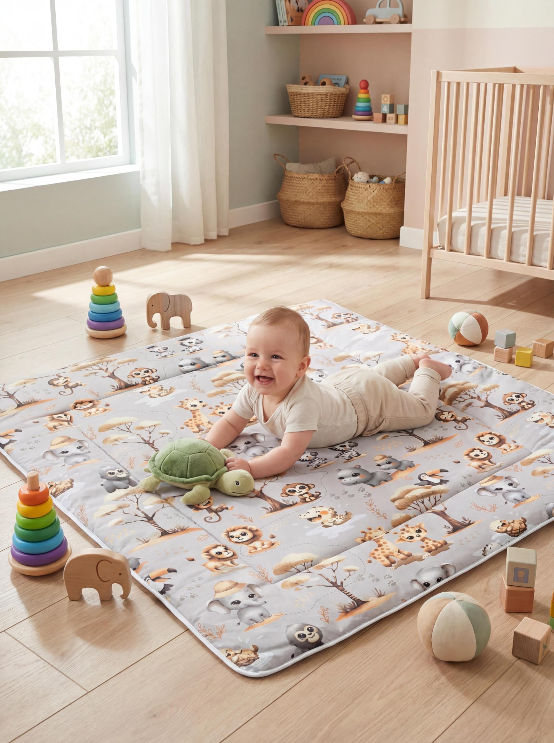 TupTam Tappeto Play Mat Per Bambini e Neonati Coperta 120 x 120 cm Gioco Imbottita XXL, Animali della giungla Grigi/Beige