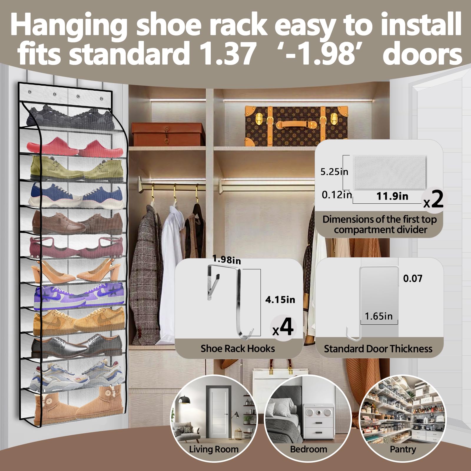 PAULONE Organizador de zapatos de 12 bolsillos sobre la puerta, bolsa de malla grande reutilizable transpirable para hombres y mujeres, organizador de zapatos para niños, bolsa colgante de