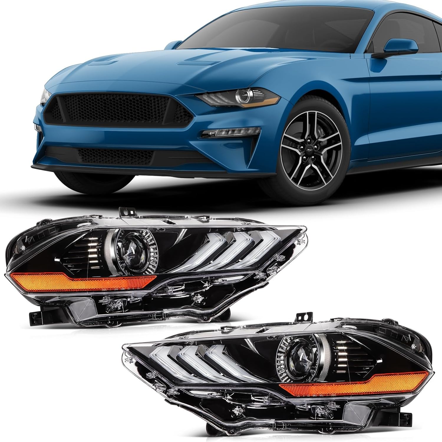 SCITOO pair Headlight Assembly Fits 2018-2021 for ford Mustang Headlights Dual Beam Amber Reflector, FO2502369 JR3Z13008B (Bulbs Not Included)