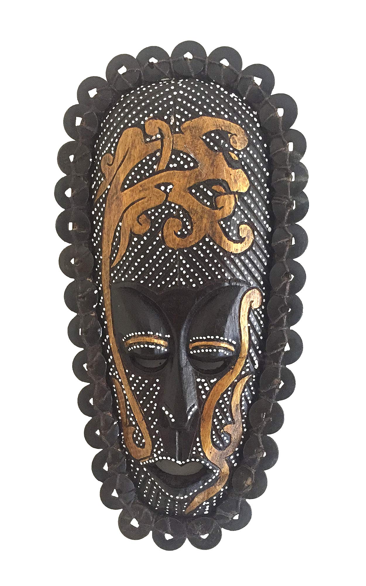Handcrafted African Tribal Wall Mask with Real Ceremonial Coins – Solid Wood Maori-Style Face Art for Home Decor (Natural Brown)