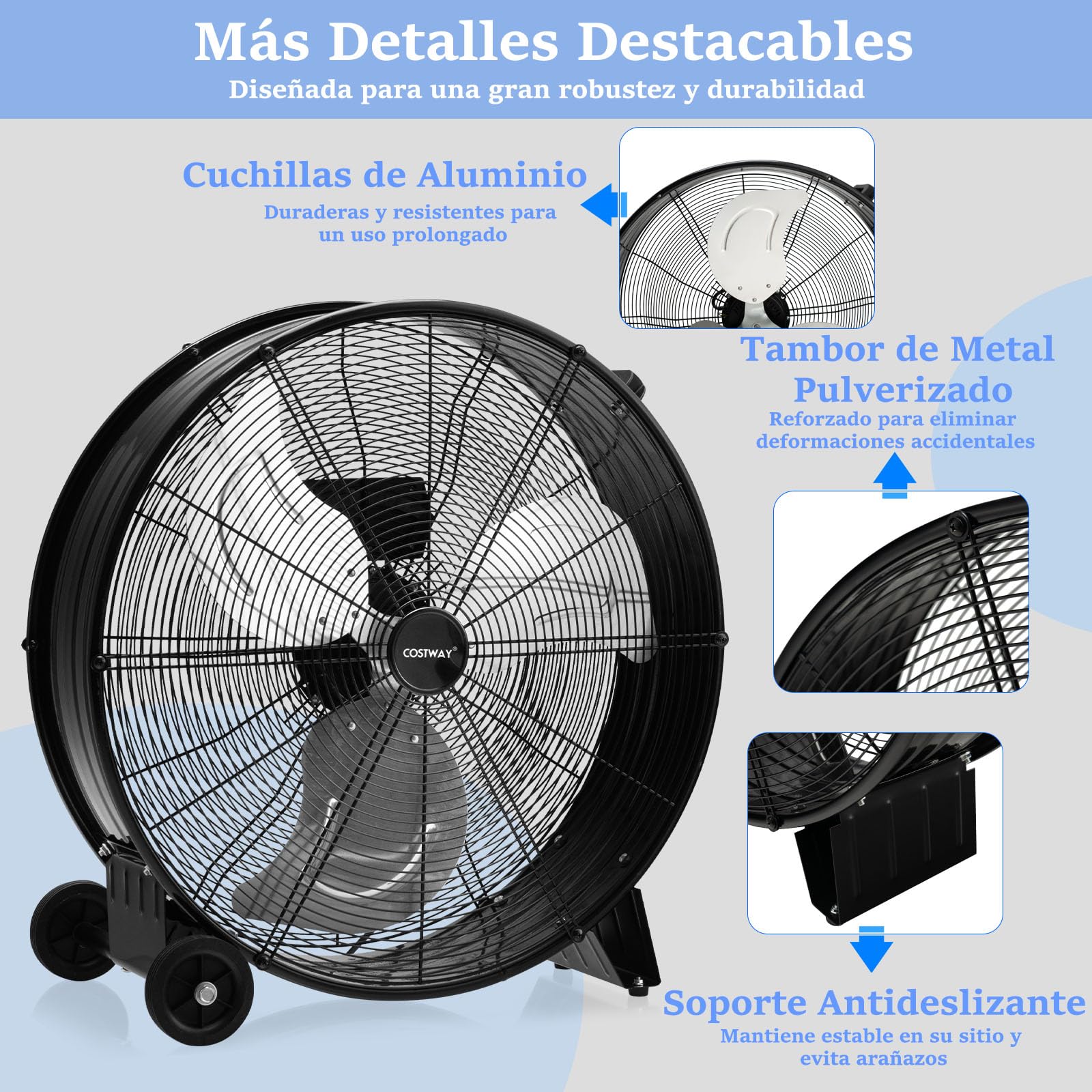 RELAX4LIFE Ventilador de Suelo 180W de Φ60cm con 3 Velocidades Ajustables, Ventilador de Tambor de Aluminio y Hierro con 1 Asa y 2 Ruedas para Fábrica, Tienda, Cobertizo (Negro)
