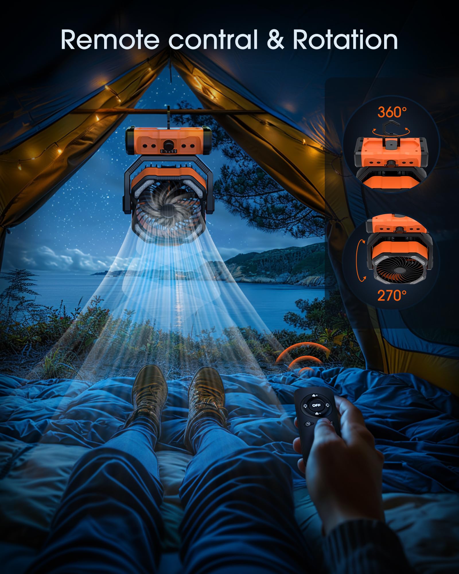 Peouix Tragbarer, wiederaufladbarer Campingventilator – 20.000 mAh kabelloser batteriebetriebener Ventilator mit LED-Laterne, Fernbedienung, automatisch, oszillierend, USB-C-Tischventilator,