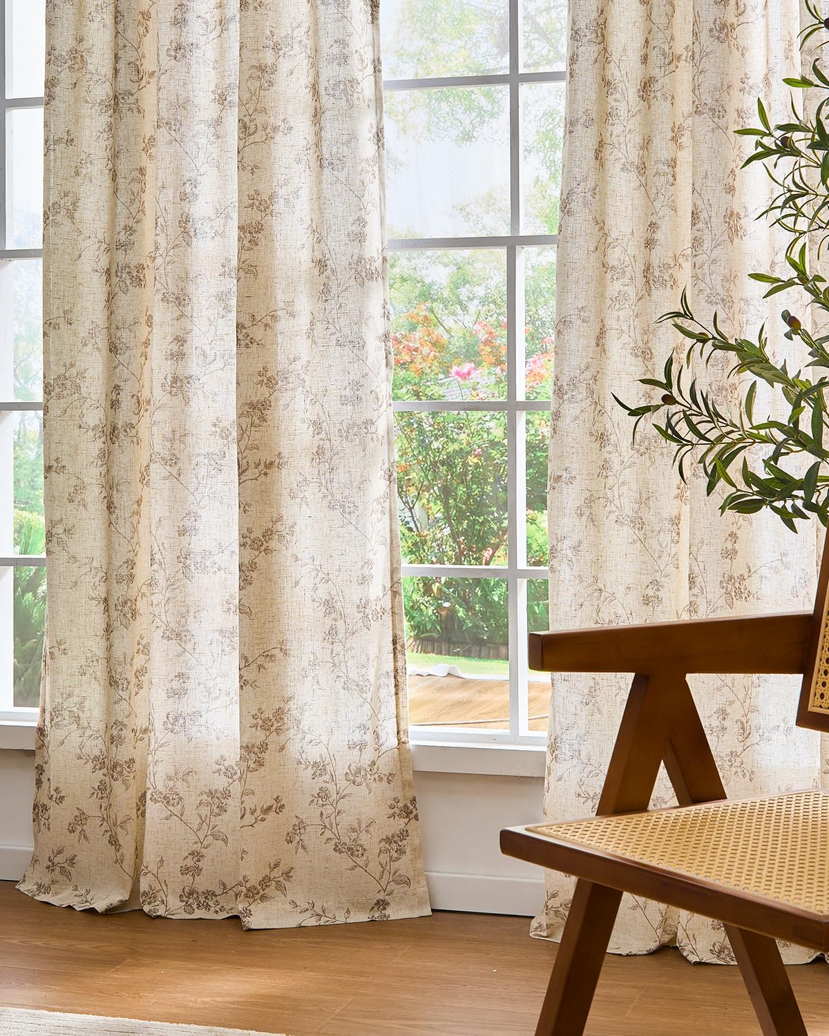 Lazzzy Floral Linen Curtains Farmhouse Extra Long Curtain for Living Room Bedroom Light Filtering Vintage Rod Pocket Back Tab Drapes for Home, 2 Panels, Taupe on Beige, W38 X L108