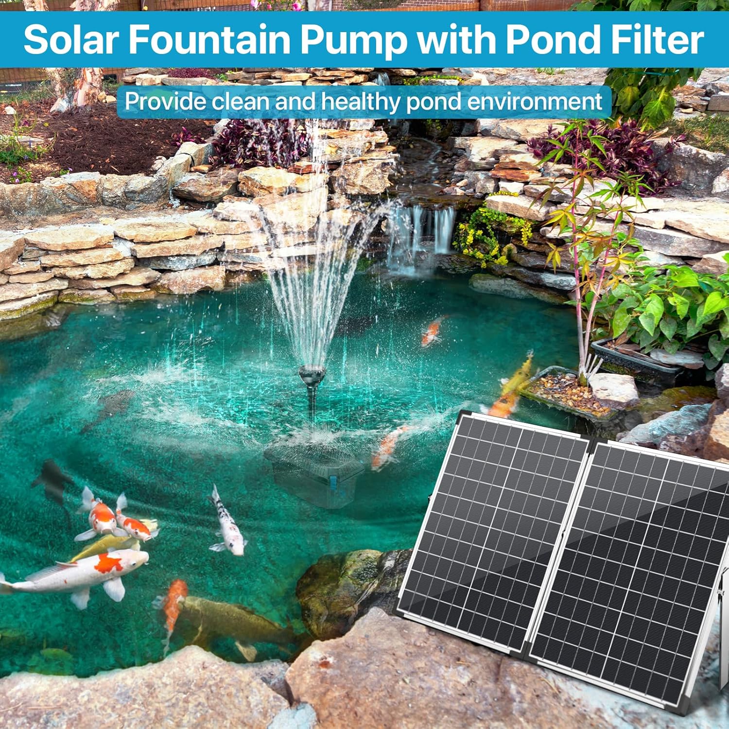 POPOSOAP 40W Pond Filter 660GPH with Pump Fountain Kits & 55W Solar Pond Filter 580GPH with Fountain Pump for Outdoor Ponds Fish Tank Pool Garden Water Feature Waterfall