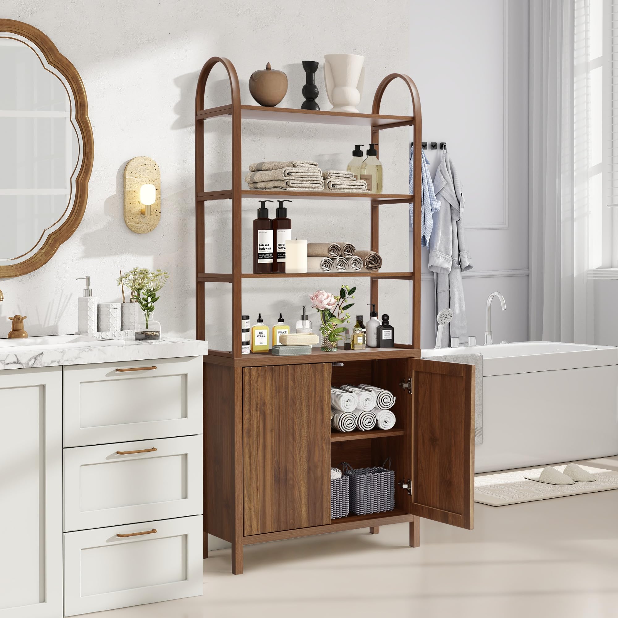 Wavy Front Design 4-stöckiger offener Bücherregal-Aufbewahrungsschrank – MDF-Holz-Regalorganizer für Wohnzimmer, Schlafzimmer, Home Office – Freistehendes modernes Regal mit Türen