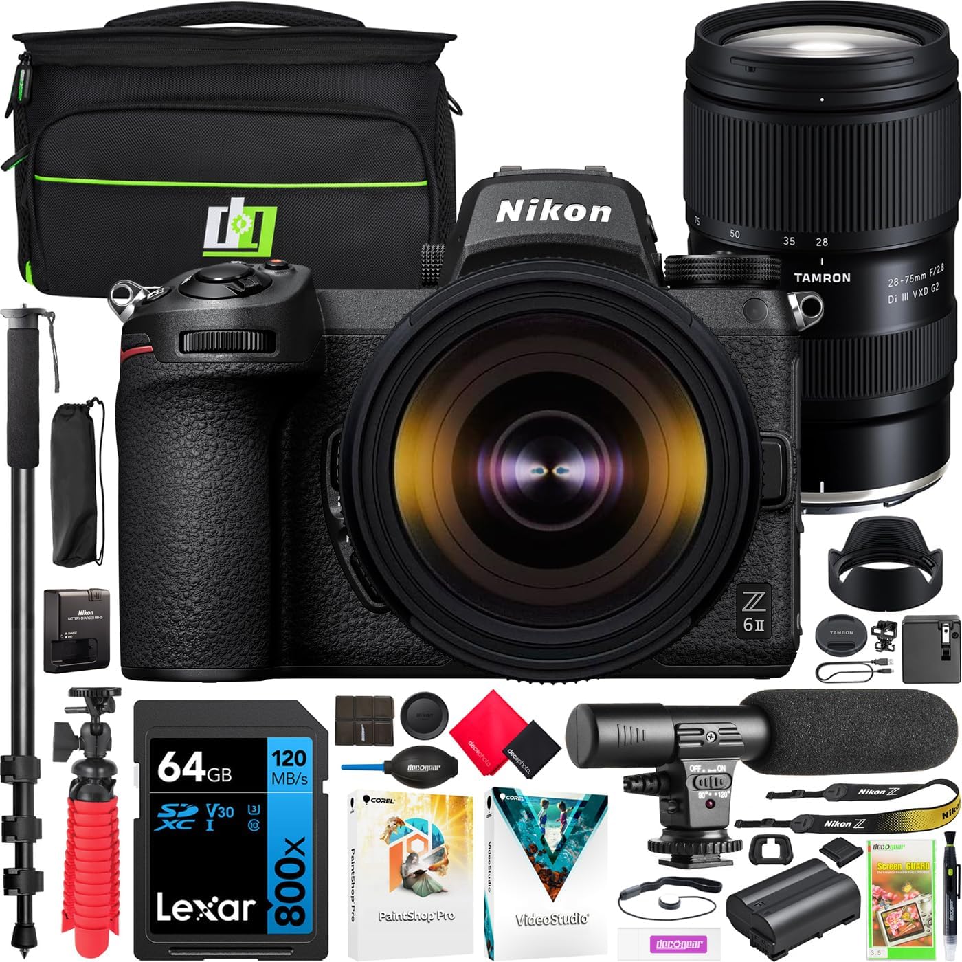 Nikon Z 6II Full Frame Mirrorless Camera 4K FX Body with Tamron 28-75mm F/2.8 Di III VXD G2 Lens 1659 Bundle Including Deco Gear Bag + Microphone + Monopod + 64GB Card + Software and Accessories