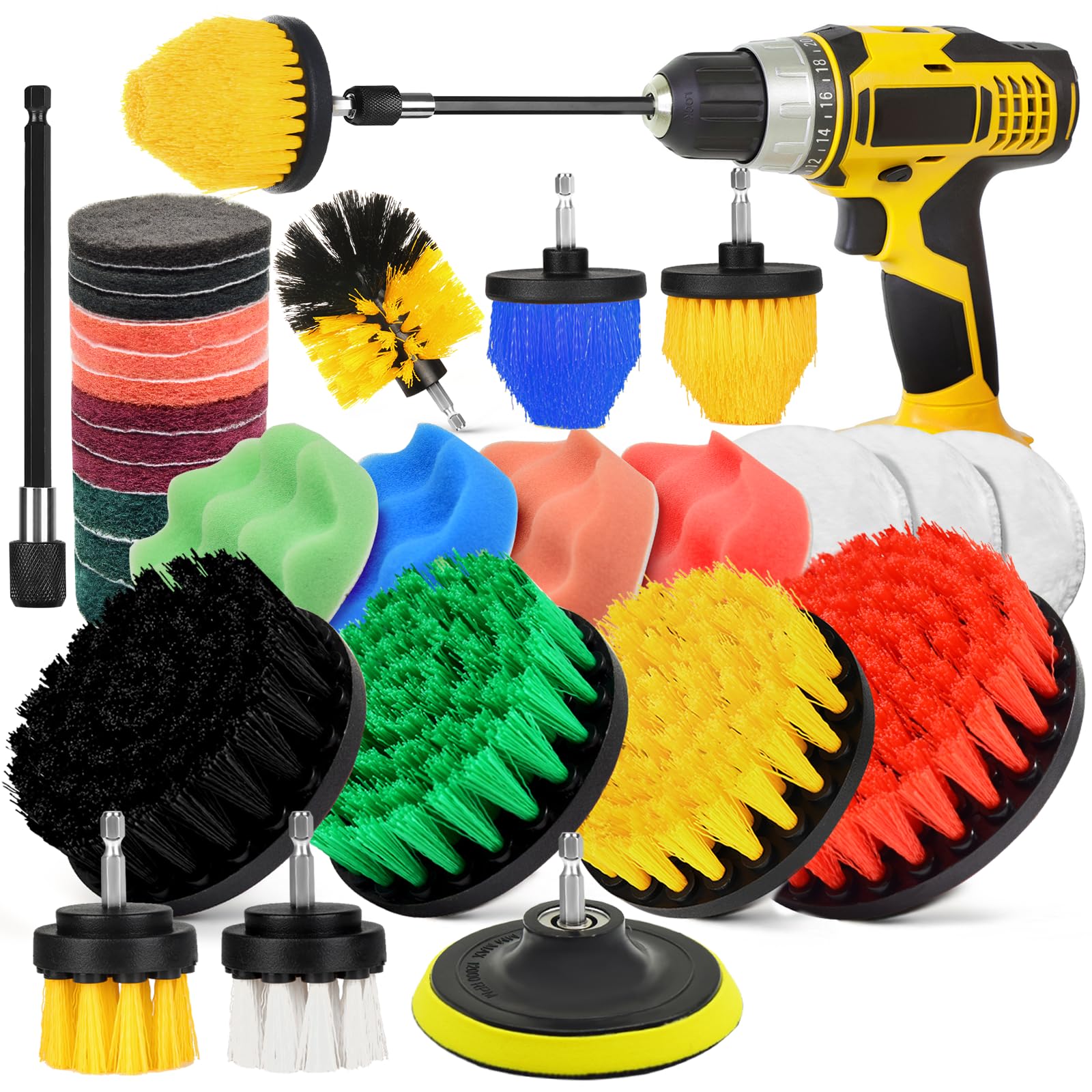 Juego de 30 cepillos para Taladro, Kit de Cepillo para Taladro Que Incluye Almohadillas para Fregar, Esponja, Accesorio de extensión, Juego de Cepillo de Limpieza de Taladro para baño, bañera