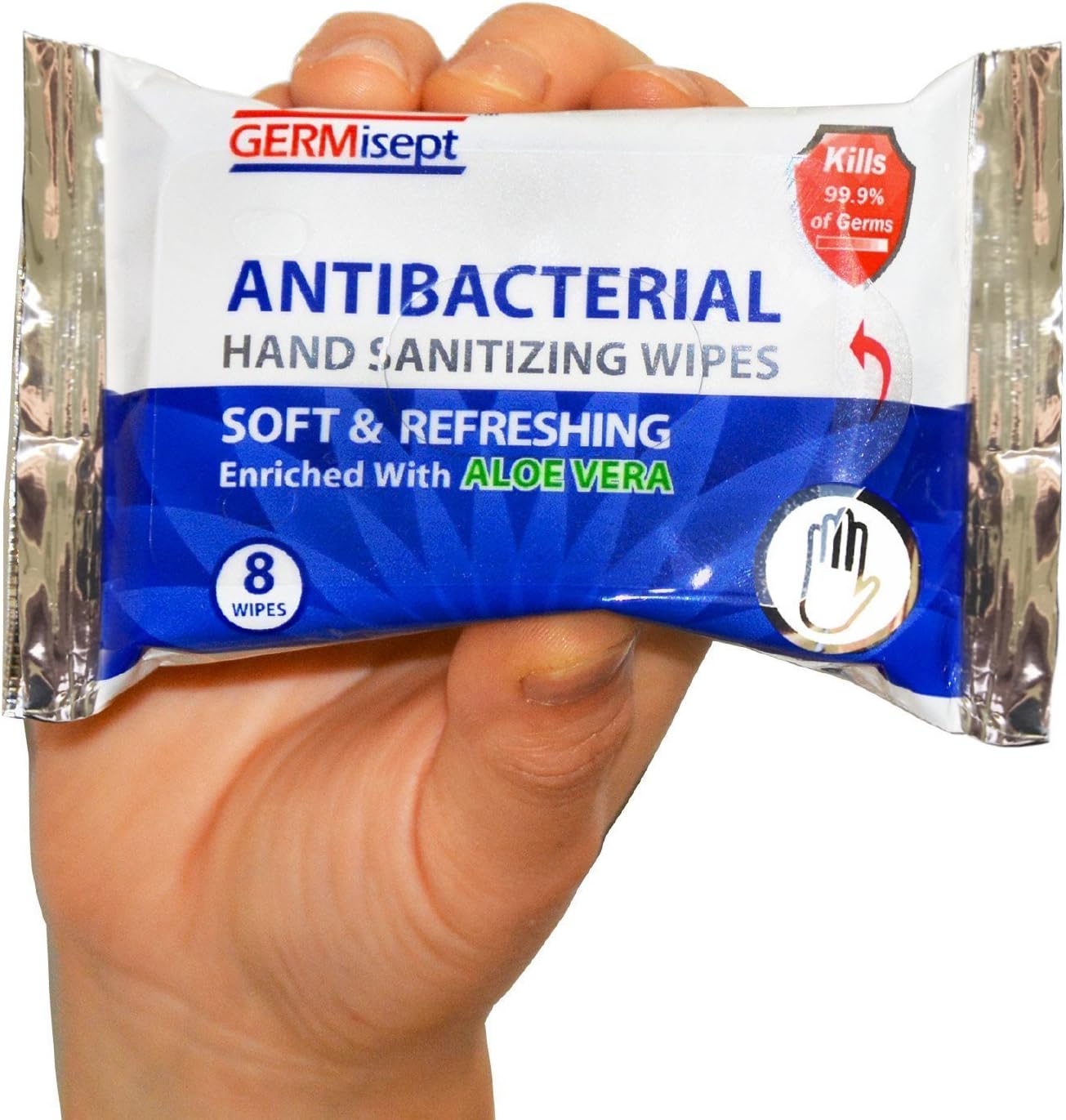 Germisept, Antibacterial Hand Sanitizing Wipe handy portable & convenient (8 Count pack of 12 packs = 96 wipes)
