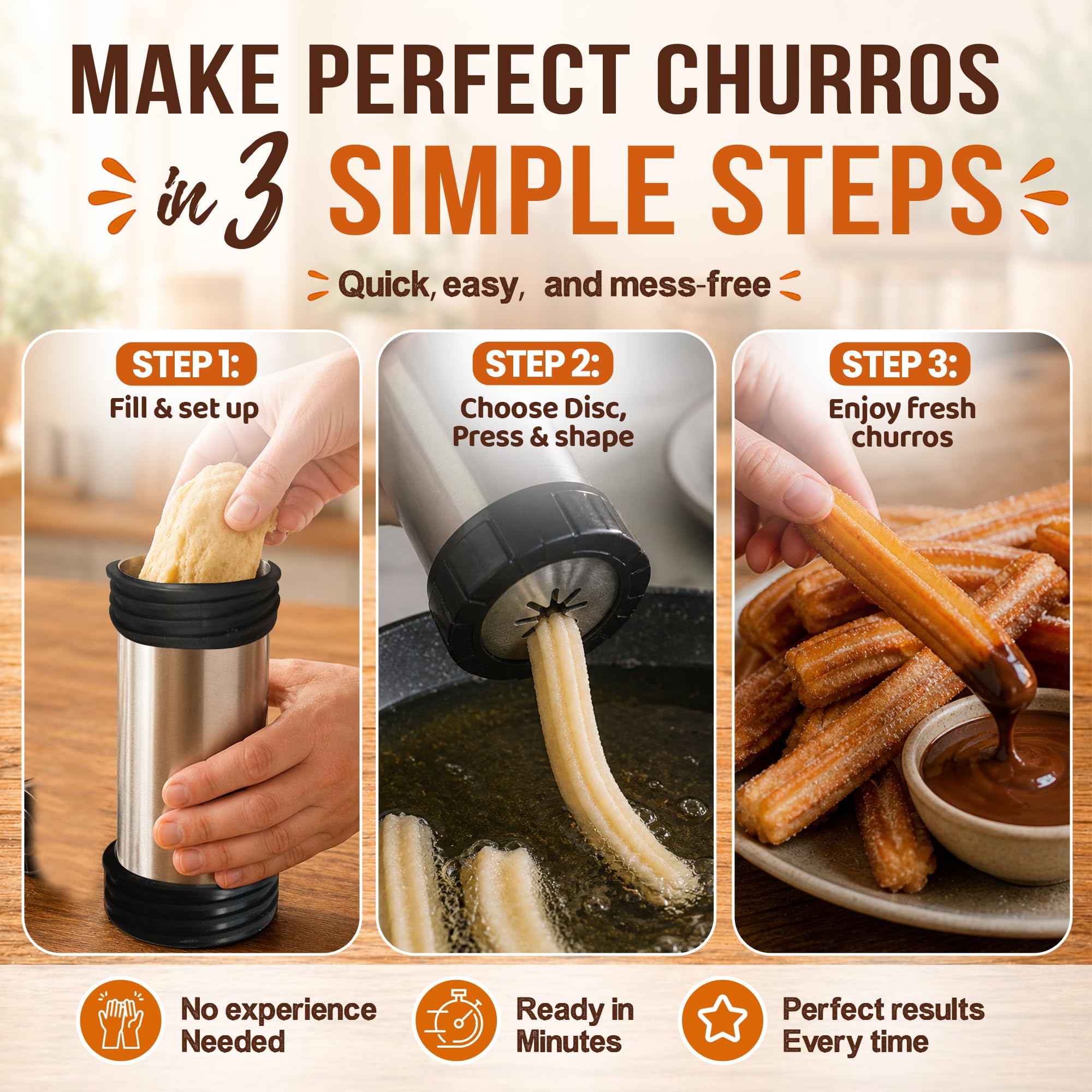 Churreras à churros et matraques en acier inoxydable 304 - Rapide, facile à nettoyer et de grande capacité - Idéal desserts maison et cuisine familiale - Kit pâtisserie professionnel pour chefs et