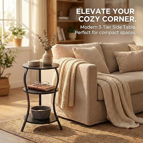 Miniatura 8 de Mesa auxiliar redonda pequeña vintage, mesa auxiliar circular de 3 niveles con estante de almacenamiento, mesa auxiliar compacta para sofá de té,