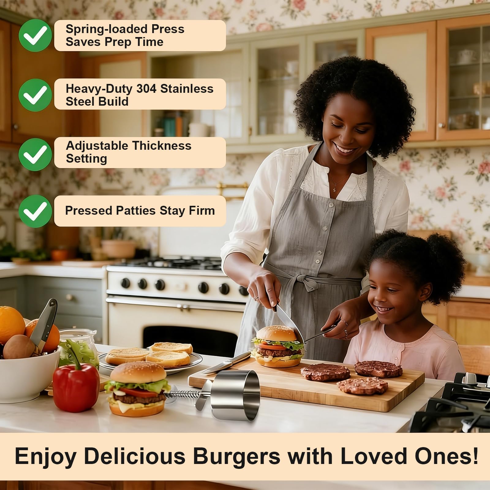 Presse à Steaks Hachés & Moule à Smash Burger en Acier Inoxydable, Qualité Alimentaire 304, Presse Réglable et Anti-Adhésive, Aussi en Mini-Poêle pour Cuisine, Camping et BBQ