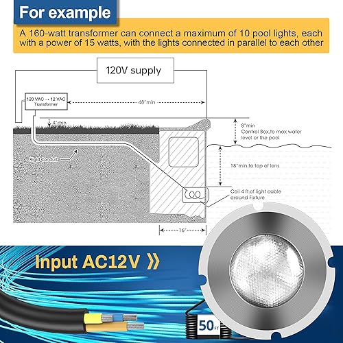 Miniatura 2 de Luces de piscina para piscina enterrada, luz LED de 1.5 pulgadas, luz de piscina y spa, IP68 impermeable, sin nicheles, AC12V, cable de 50 pies,