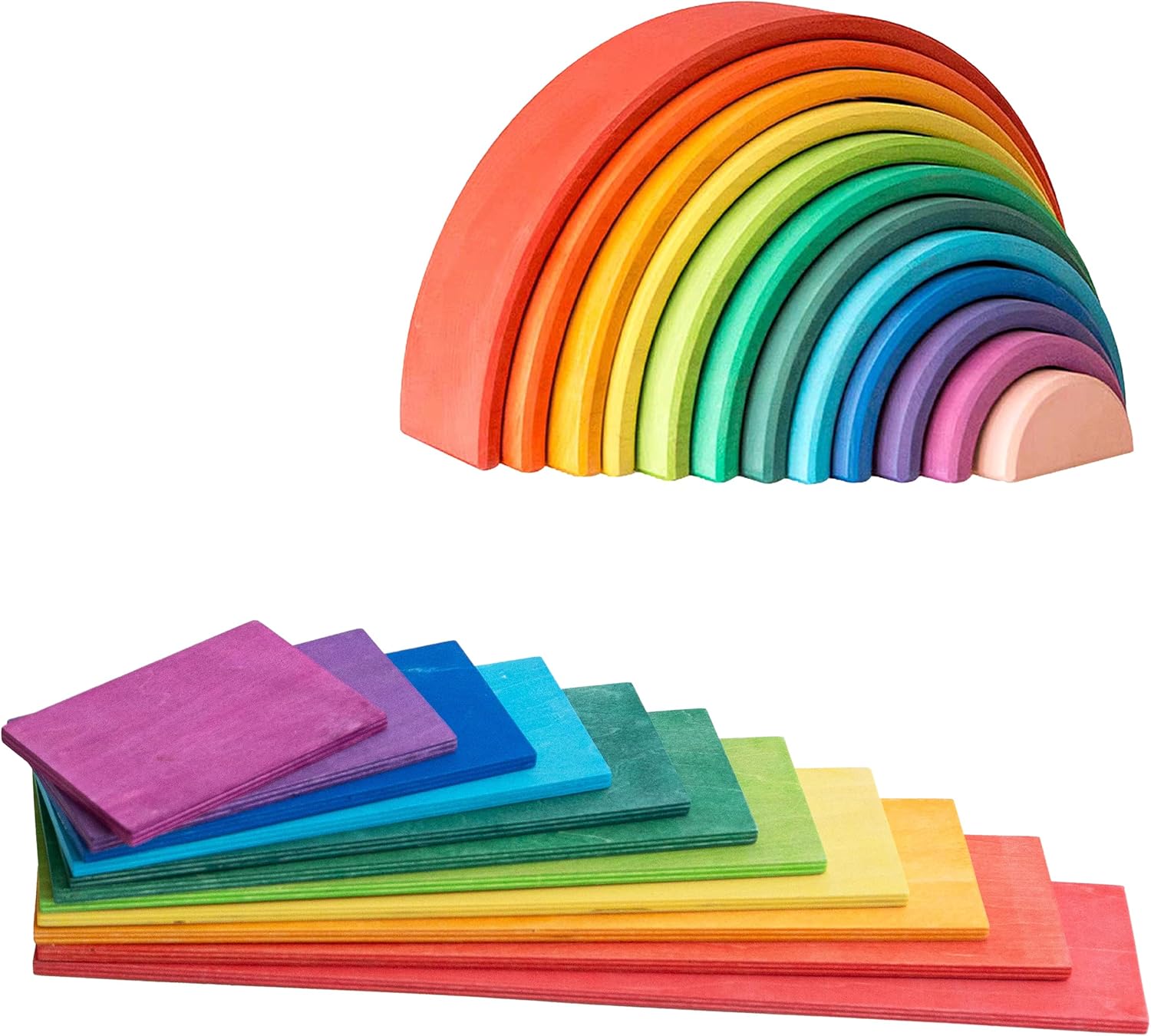 12Pcs Wooden Rainbow Stacker Toy Bundled with 11Pcs Rainbow Staircase Building Blocks