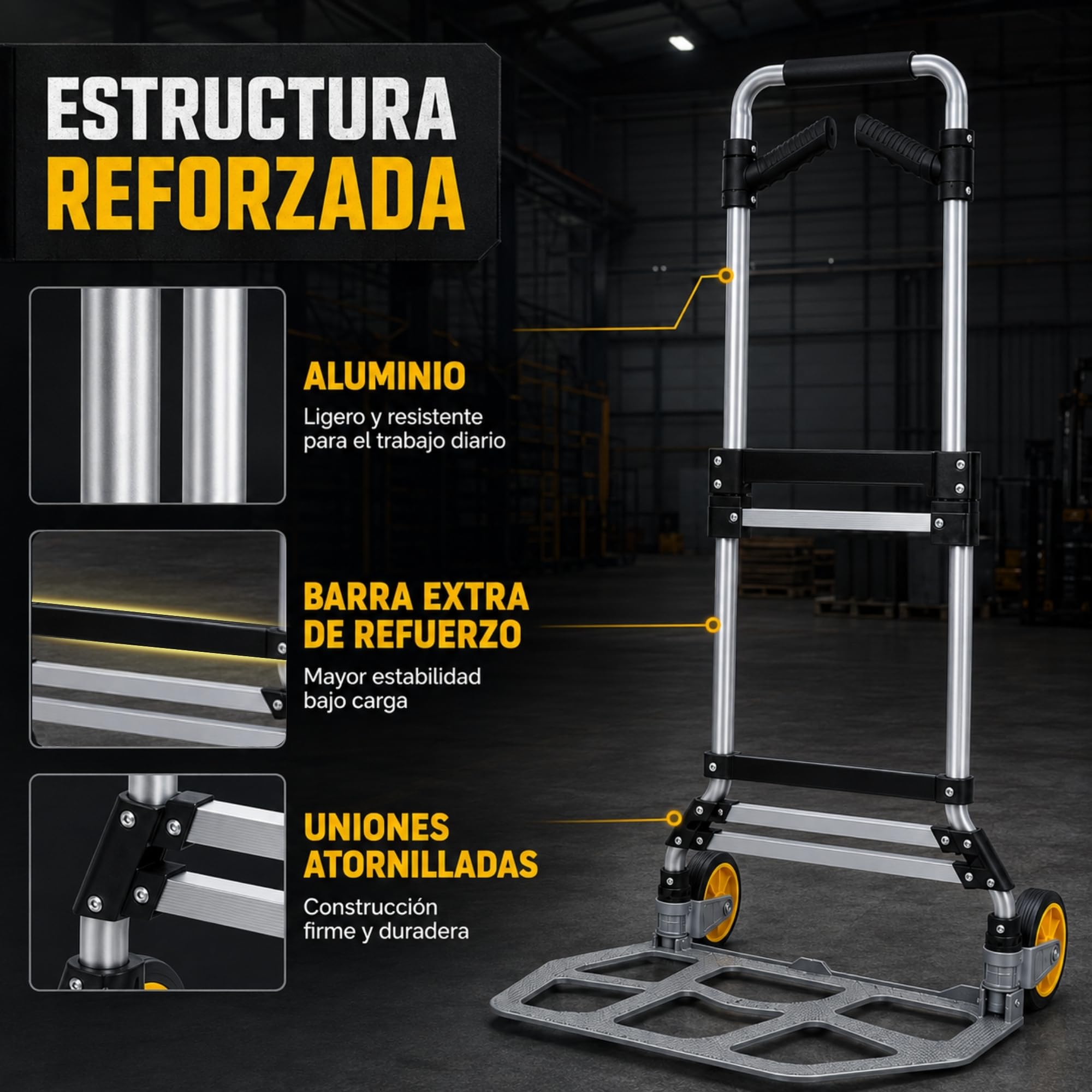 UZIRO Carretilla Plegable con Ruedas de Aluminio, con Mango Telescópico y Soporte Extra, Capacidad de 150 Kg, Plataforma Abatible y 2 Ruedas, Carretilla de Mano Plegable, Carro Transporte Plegable