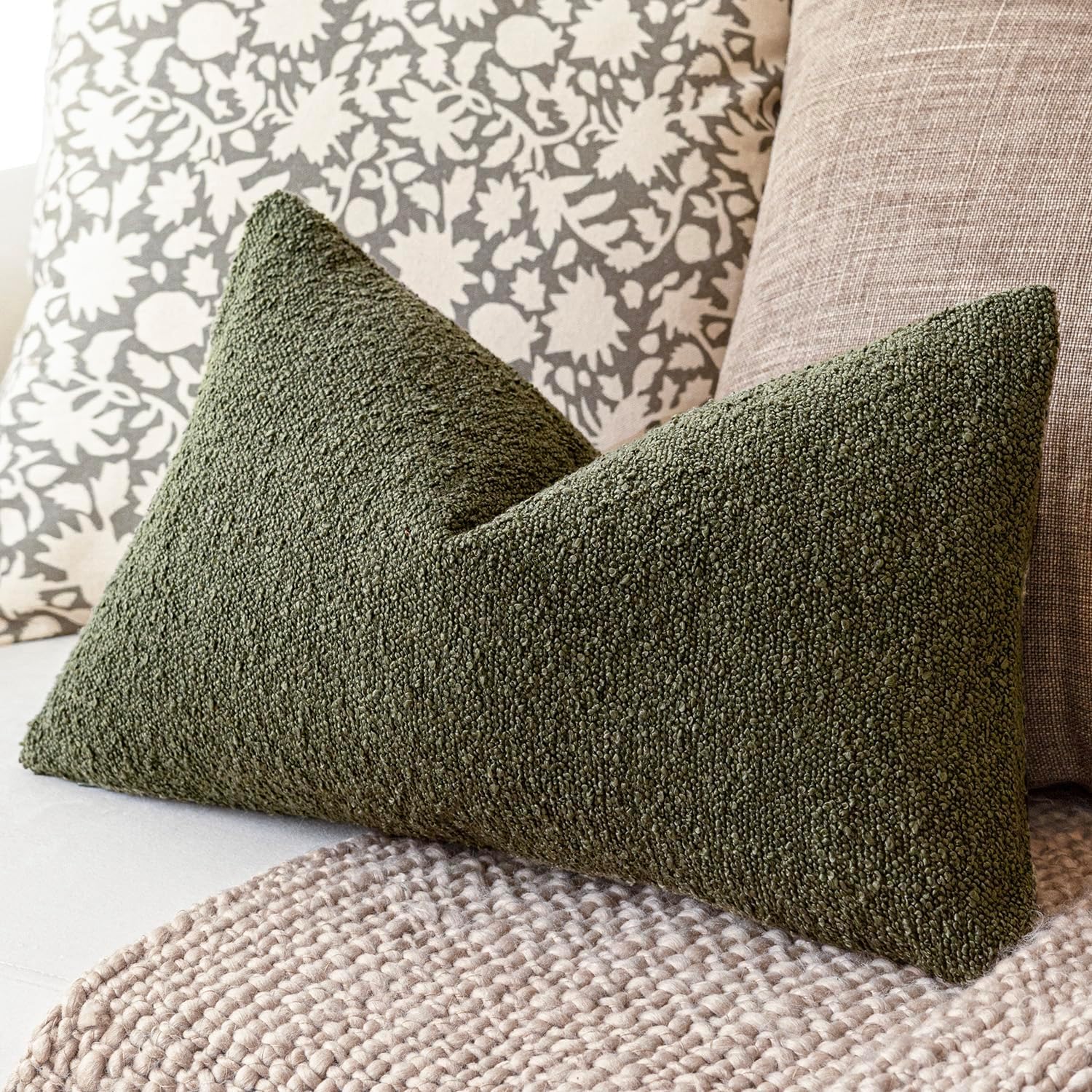 Foindtower Cozy Textured Boucle Lumbar Throw Pillow Covers 12x20 Moss Green image 5